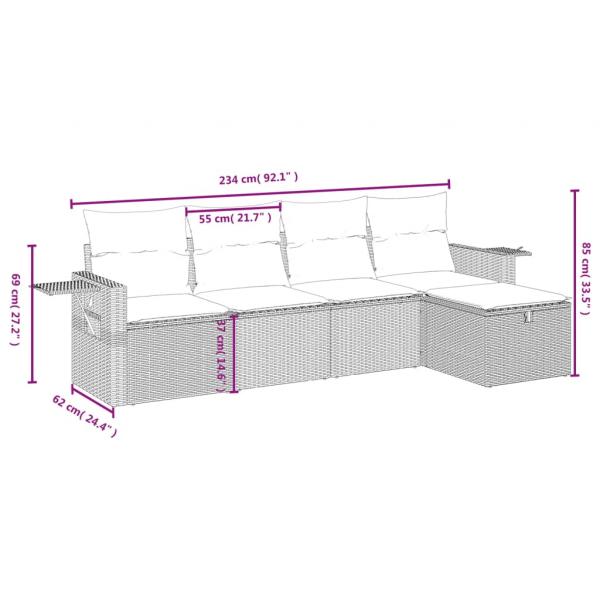 5-tlg. Garten-Sofagarnitur mit Kissen Grau Poly Rattan