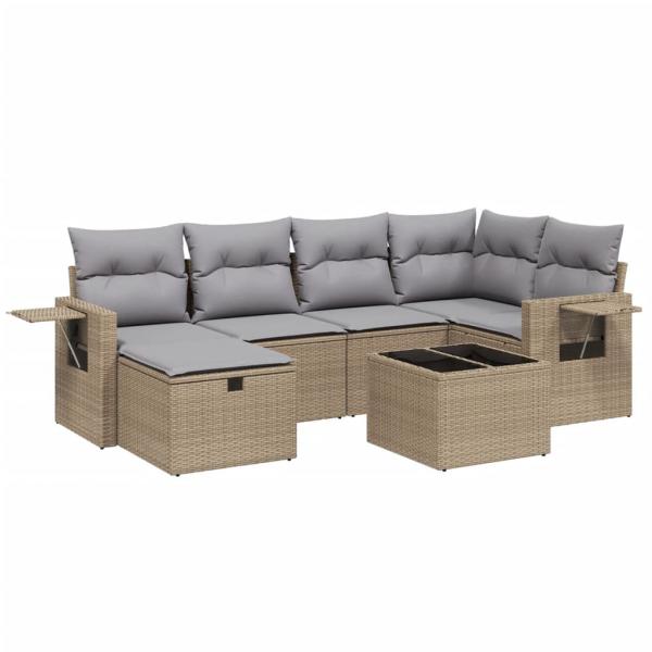 7-tlg. Garten-Sofagarnitur mit Kissen Beige Poly Rattan