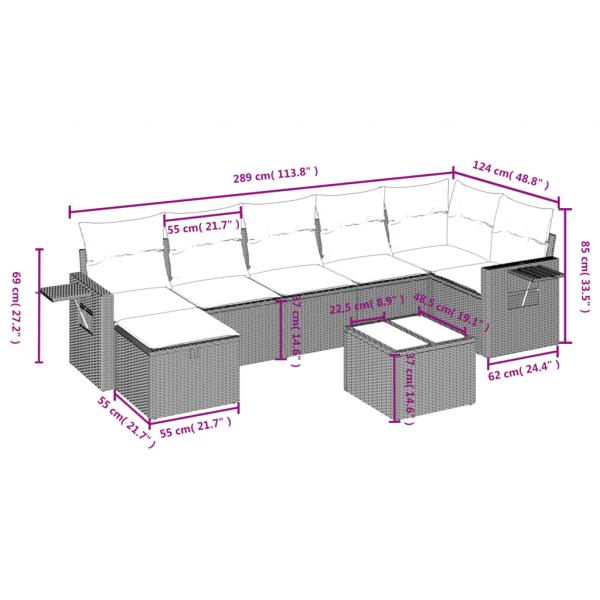 8-tlg. Garten-Sofagarnitur mit Kissen Grau Poly Rattan