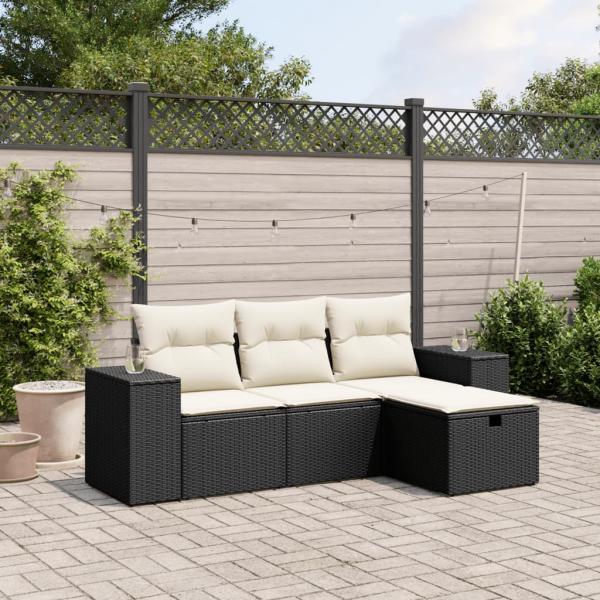 ARDEBO.de - 4-tlg. Garten-Sofagarnitur mit Kissen Schwarz Poly Rattan