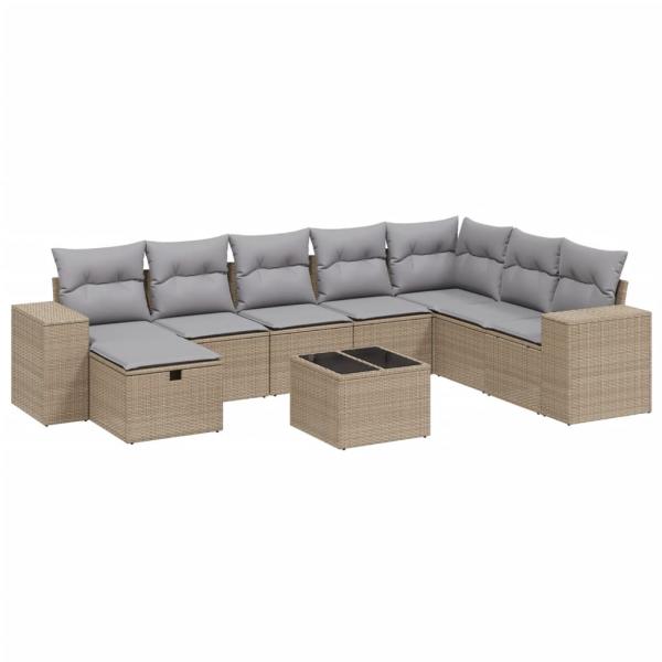 9-tlg. Garten-Sofagarnitur mit Kissen Beige Poly Rattan