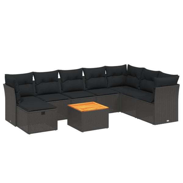 9-tlg. Garten-Sofagarnitur mit Kissen Schwarz Poly Rattan