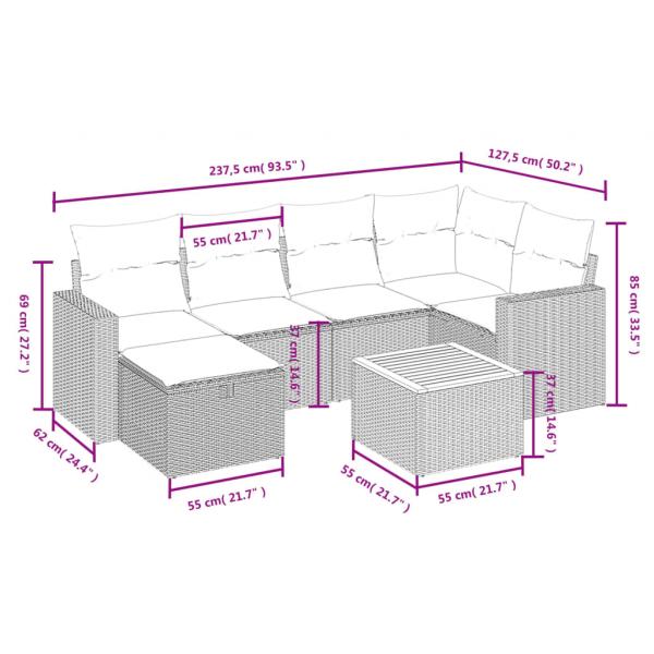 7-tlg. Garten-Sofagarnitur mit Kissen Schwarz Poly Rattan