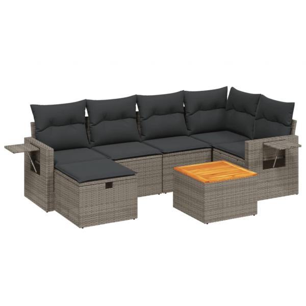 7-tlg. Garten-Sofagarnitur mit Kissen Grau Poly Rattan