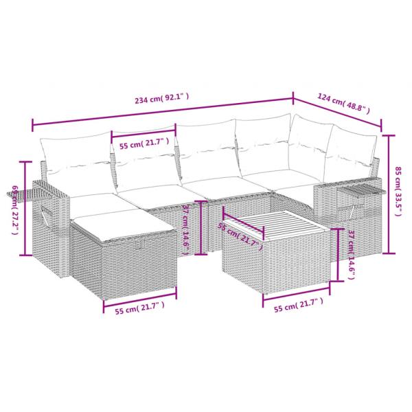 7-tlg. Garten-Sofagarnitur mit Kissen Grau Poly Rattan