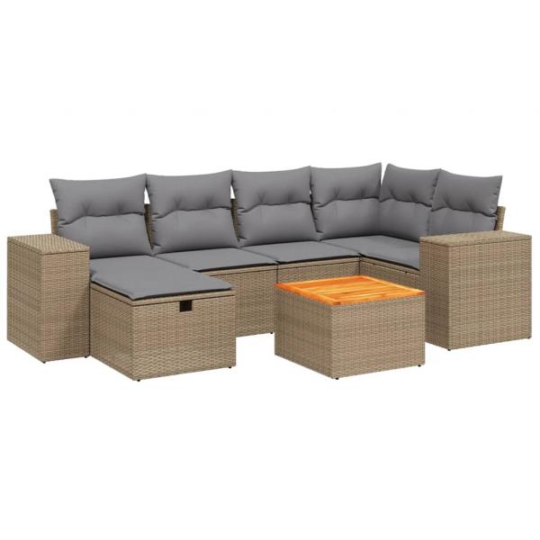 7-tlg. Garten-Sofagarnitur mit Kissen Beige Poly Rattan