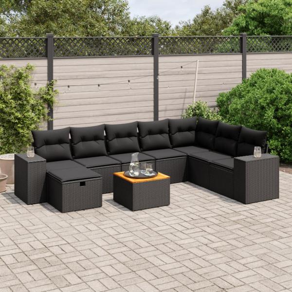 ARDEBO.de - 9-tlg. Garten-Sofagarnitur mit Kissen Schwarz Poly Rattan