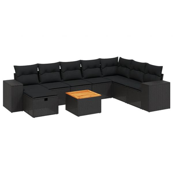 9-tlg. Garten-Sofagarnitur mit Kissen Schwarz Poly Rattan