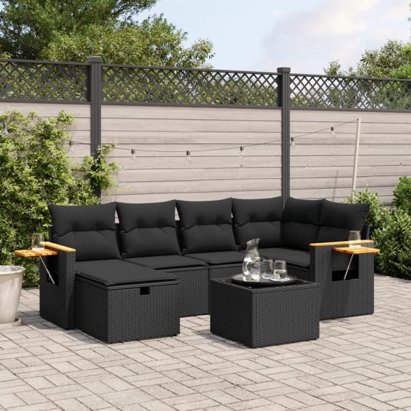 ARDEBO.de - 7-tlg. Garten-Sofagarnitur mit Kissen Schwarz Poly Rattan