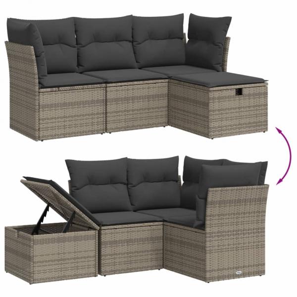 4-tlg. Garten-Sofagarnitur mit Kissen Grau Poly Rattan