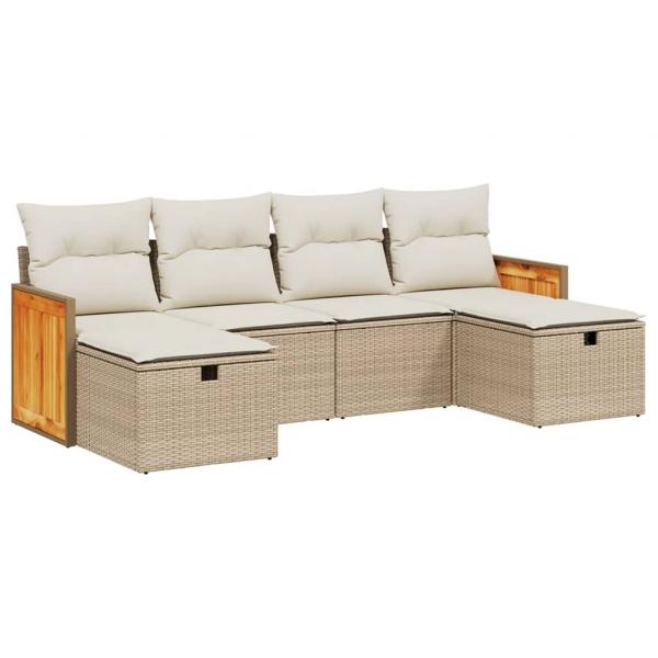 6-tlg. Garten-Sofagarnitur mit Kissen Beige Poly Rattan