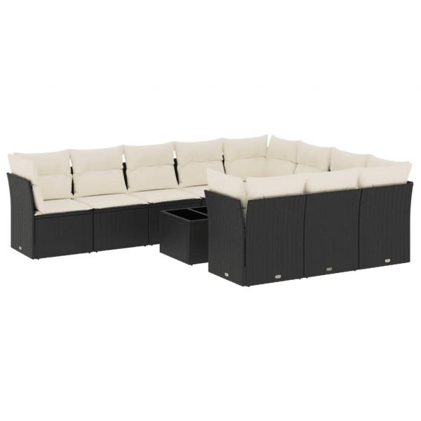 11-tlg. Garten-Sofagarnitur mit Kissen Schwarz Poly Rattan