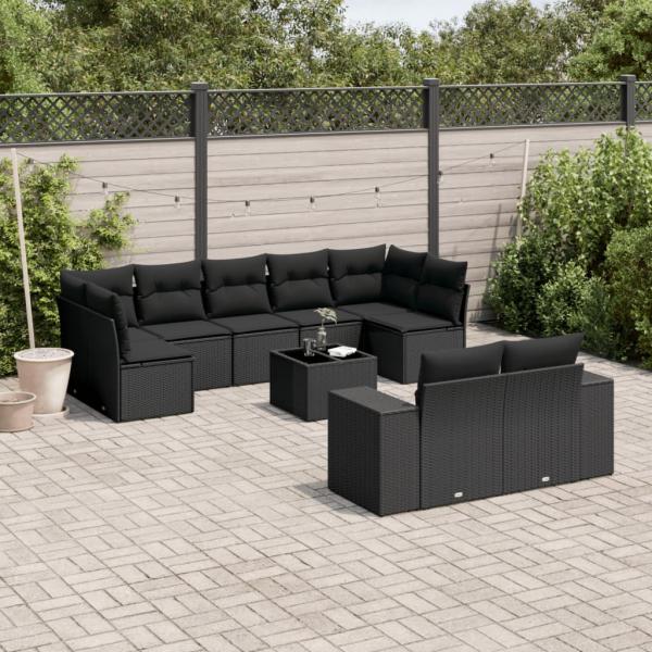 ARDEBO.de - 10-tlg. Garten-Sofagarnitur mit Kissen Schwarz Poly Rattan