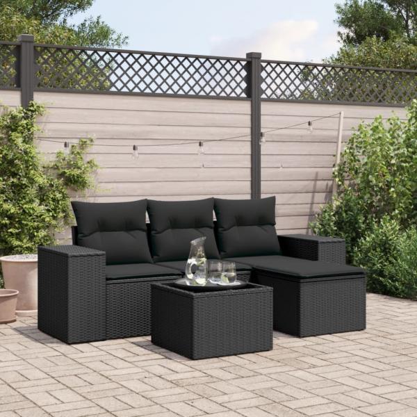 ARDEBO.de - 5-tlg. Garten-Sofagarnitur mit Kissen Schwarz Poly Rattan