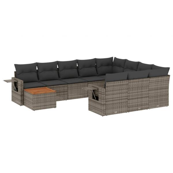 11-tlg. Garten-Sofagarnitur mit Kissen Grau Poly Rattan