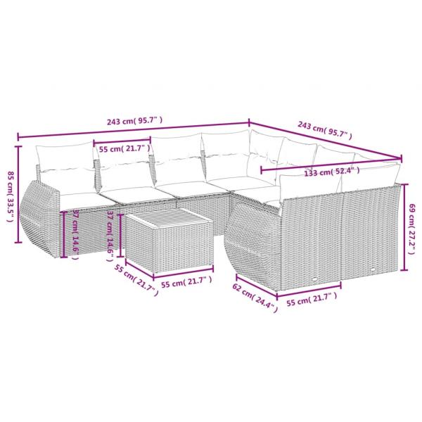 9-tlg. Garten-Sofagarnitur mit Kissen Grau Poly Rattan