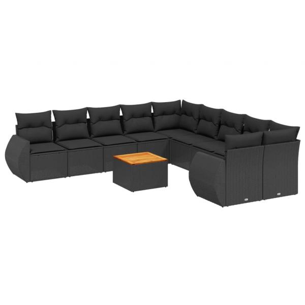 11-tlg. Garten-Sofagarnitur mit Kissen Schwarz Poly Rattan