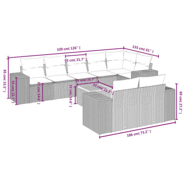 9-tlg. Garten-Sofagarnitur mit Kissen Grau Poly Rattan