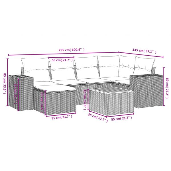 7-tlg. Garten-Sofagarnitur mit Kissen Grau Poly Rattan