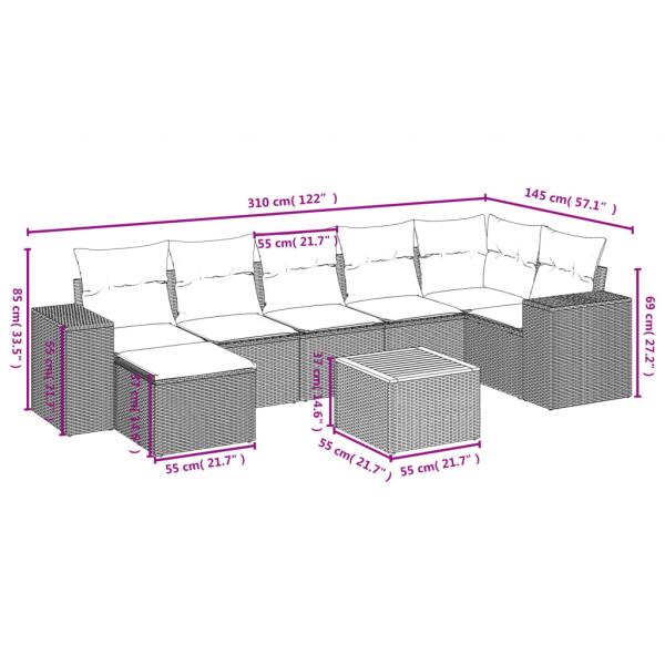 8-tlg. Garten-Sofagarnitur mit Kissen Grau Poly Rattan