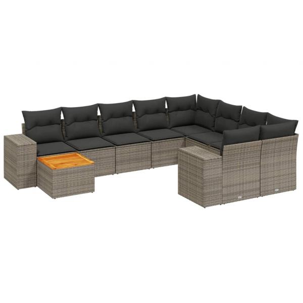 10-tlg. Garten-Sofagarnitur mit Kissen Grau Poly Rattan