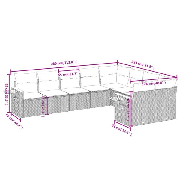 9-tlg. Garten-Sofagarnitur mit Kissen Grau Poly Rattan