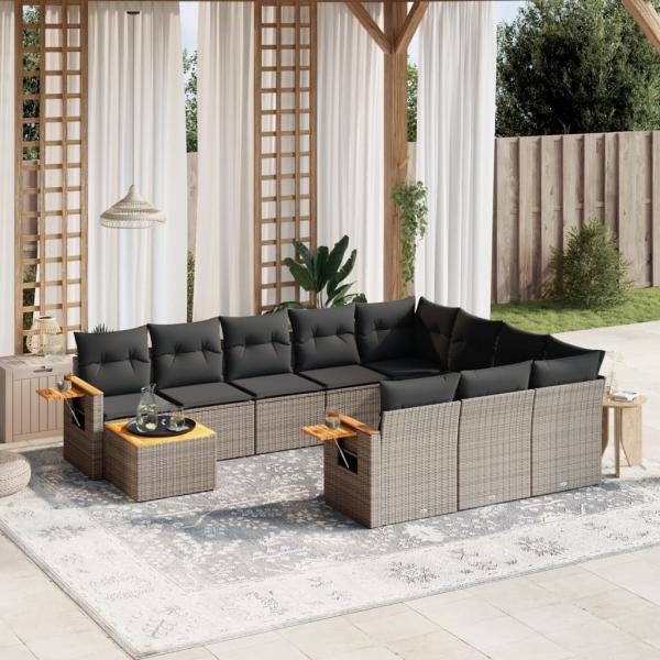 ARDEBO.de - 11-tlg. Garten-Sofagarnitur mit Kissen Grau Poly Rattan