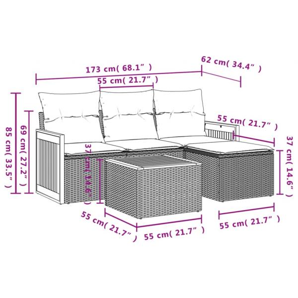 5-tlg. Garten-Sofagarnitur mit Kissen Grau Poly Rattan