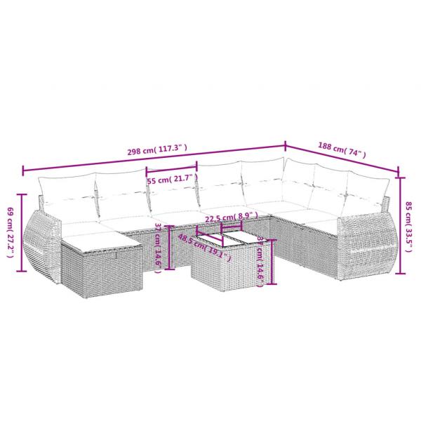 9-tlg. Garten-Sofagarnitur mit Kissen Grau Poly Rattan