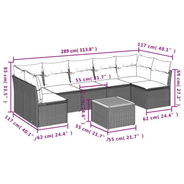 8-tlg. Garten-Sofagarnitur mit Kissen Grau Poly Rattan