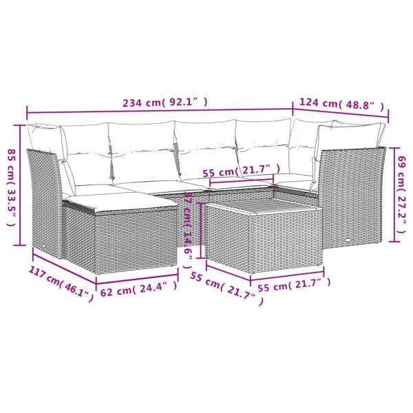 7-tlg. Garten-Sofagarnitur mit Kissen Grau Poly Rattan