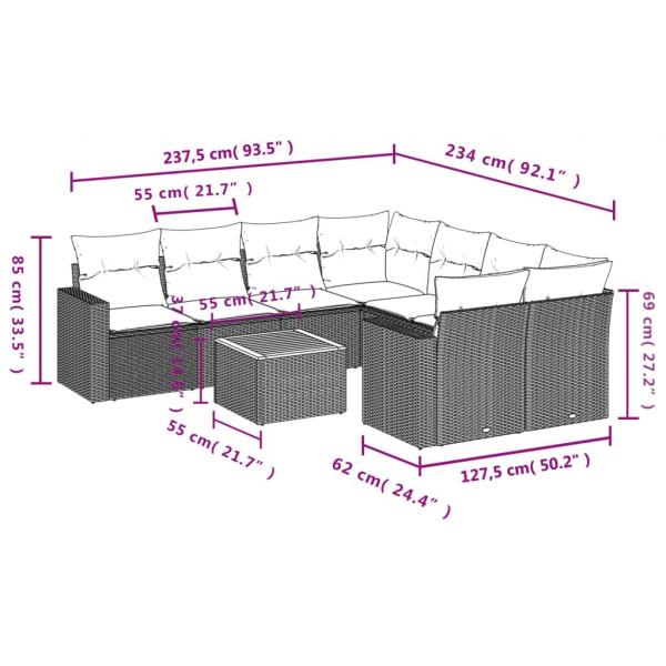 9-tlg. Garten-Sofagarnitur mit Kissen Schwarz Poly Rattan