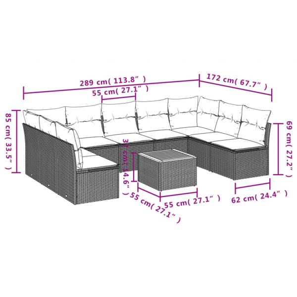 10-tlg. Garten-Sofagarnitur mit Kissen Grau Poly Rattan