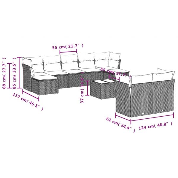 10-tlg. Garten-Sofagarnitur mit Kissen Grau Poly Rattan