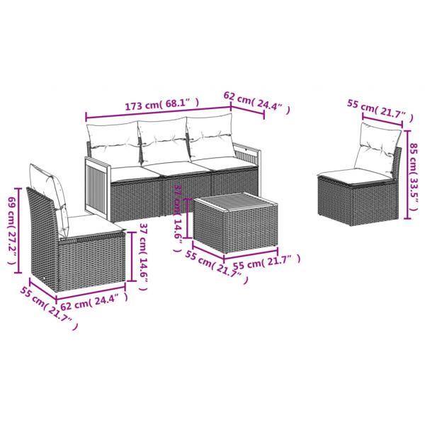 6-tlg. Garten-Sofagarnitur mit Kissen Grau Poly Rattan