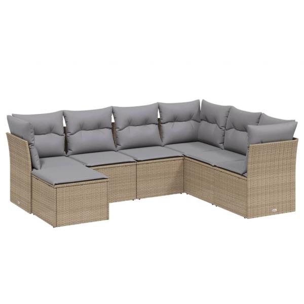 7-tlg. Garten-Sofagarnitur mit Kissen Beige Poly Rattan