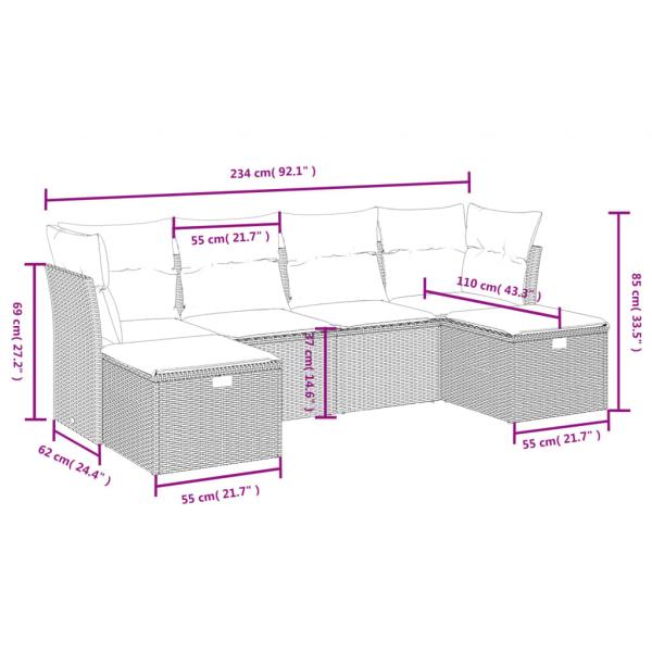 6-tlg. Garten-Sofagarnitur mit Kissen Grau Poly Rattan