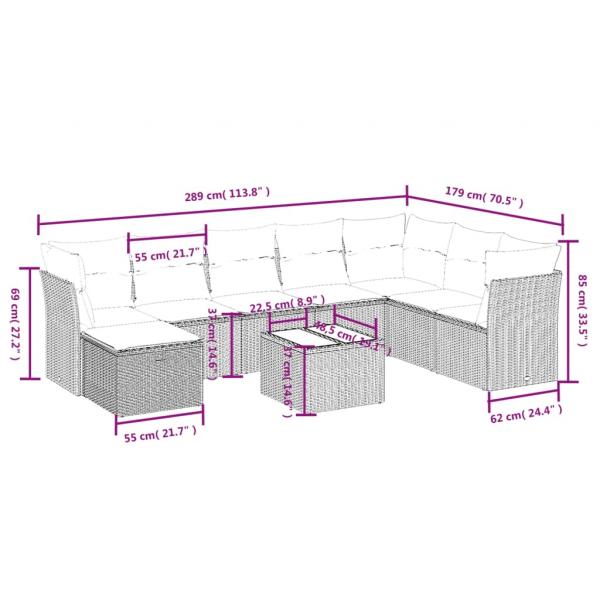 9-tlg. Garten-Sofagarnitur mit Kissen Schwarz Poly Rattan