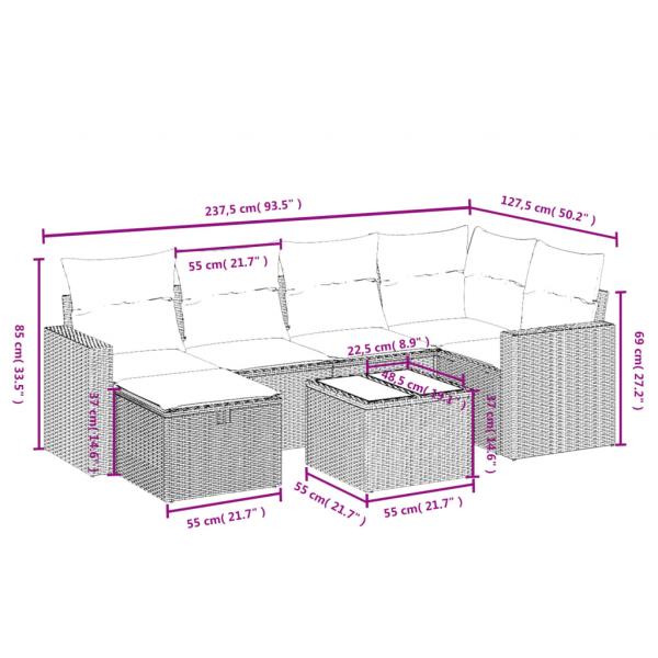 7-tlg. Garten-Sofagarnitur mit Kissen Grau Poly Rattan