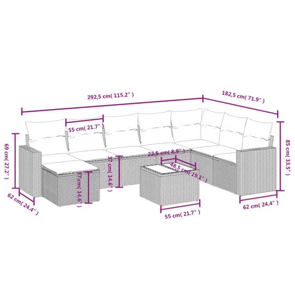 9-tlg. Garten-Sofagarnitur mit Kissen Schwarz Poly Rattan