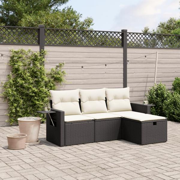 ARDEBO.de - 4-tlg. Garten-Sofagarnitur mit Kissen Schwarz Poly Rattan