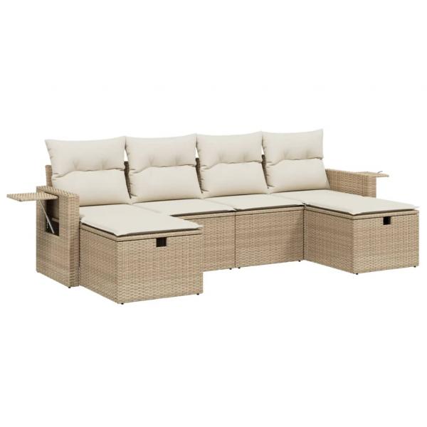 6-tlg. Garten-Sofagarnitur mit Kissen Beige Poly Rattan