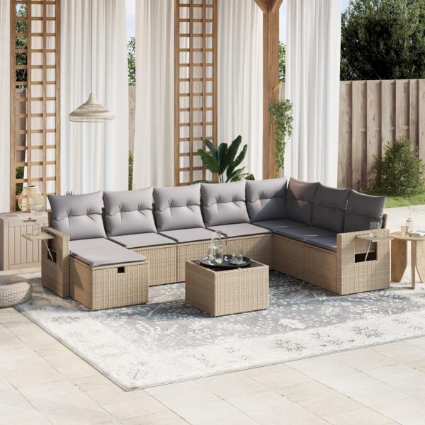 ARDEBO.de - 9-tlg. Garten-Sofagarnitur mit Kissen Beige Poly Rattan