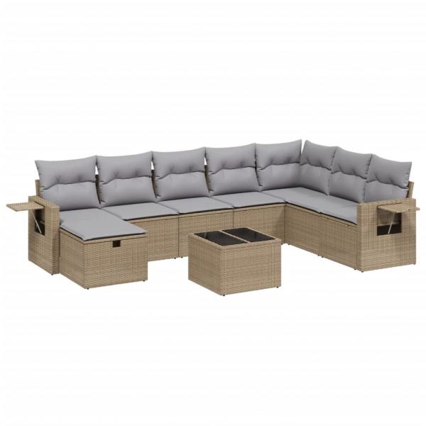 9-tlg. Garten-Sofagarnitur mit Kissen Beige Poly Rattan