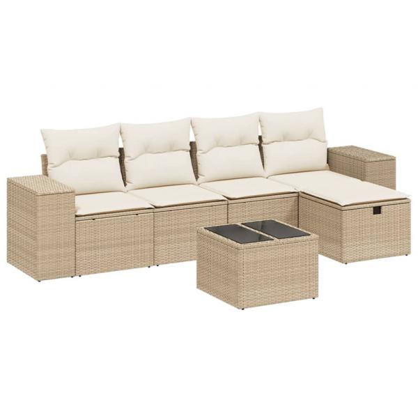 6-tlg. Garten-Sofagarnitur mit Kissen Beige Poly Rattan