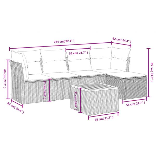 6-tlg. Garten-Sofagarnitur mit Kissen Grau Poly Rattan