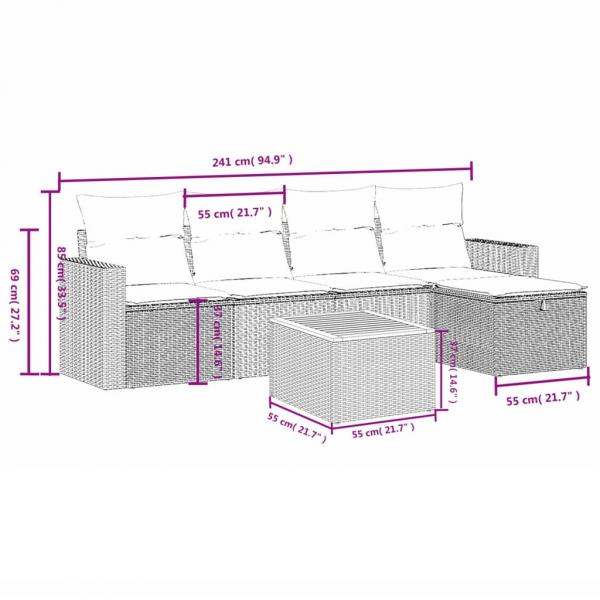 6-tlg. Garten-Sofagarnitur mit Kissen Grau Poly Rattan