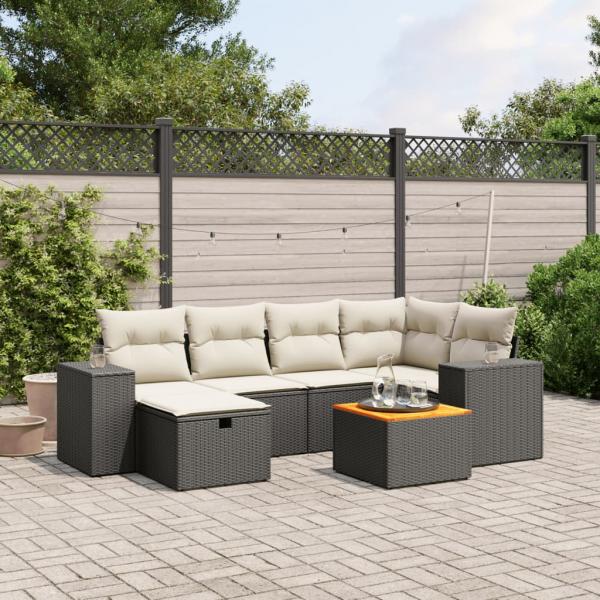 ARDEBO.de - 7-tlg. Garten-Sofagarnitur mit Kissen Schwarz Poly Rattan