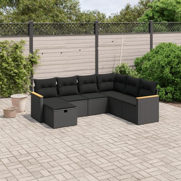 ARDEBO.de - 7-tlg. Garten-Sofagarnitur mit Kissen Schwarz Poly Rattan