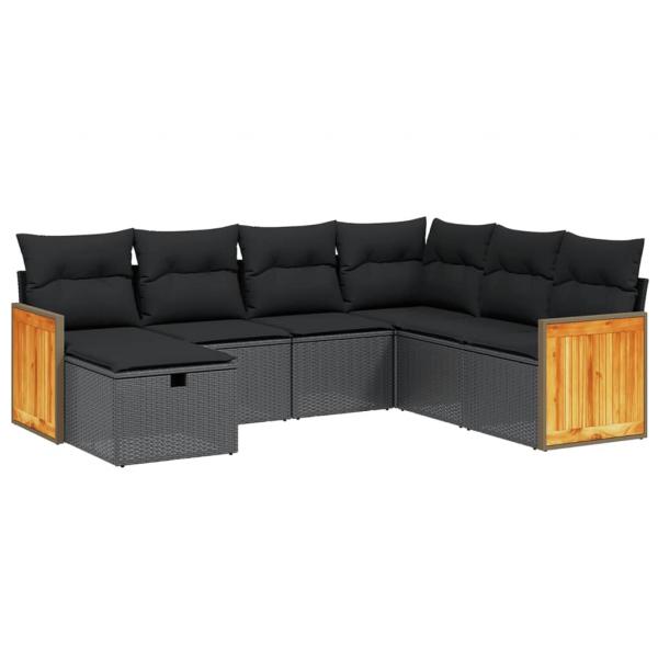 7-tlg. Garten-Sofagarnitur mit Kissen Schwarz Poly Rattan